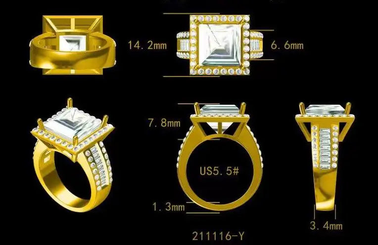 Man Ring Soild 14K Yellow Gold 10x10mm 6 Carats Princess Cut VVS1 D Moissanite Diamond Wedding Ring