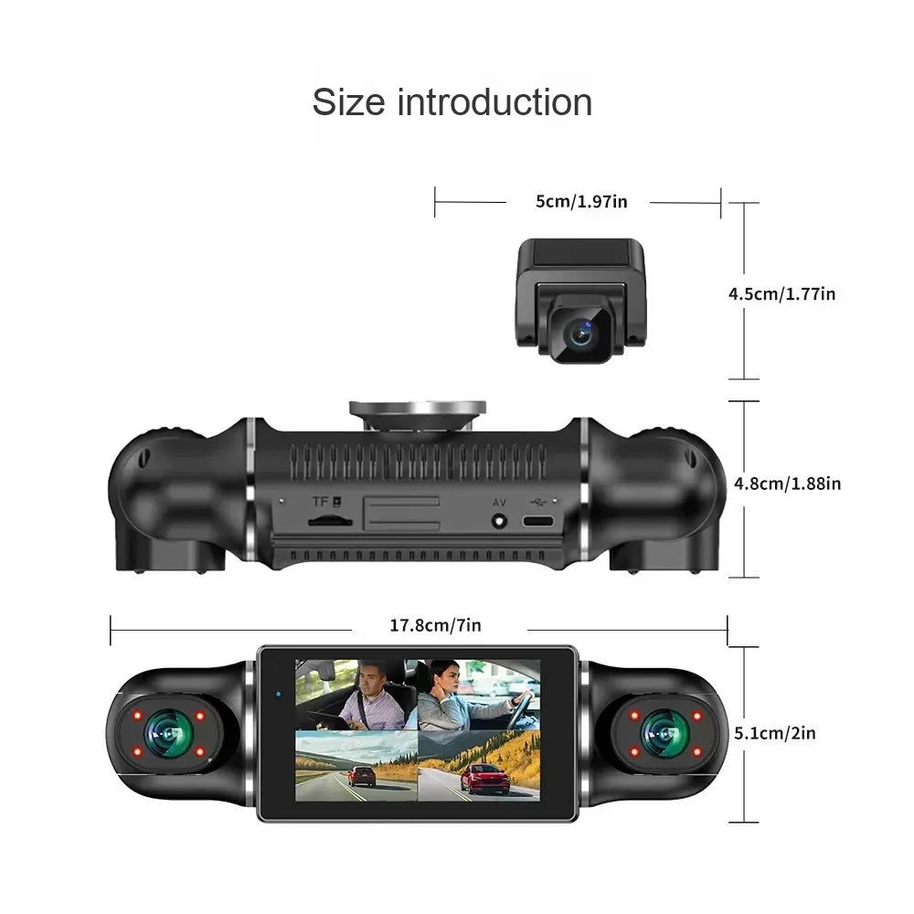 3-Inch HD 1080P IPS Screen Dash Cam 360° 360-degree WiFi Car Mount Video Recorder for In-Car Outdoor Front Rear Left Recording