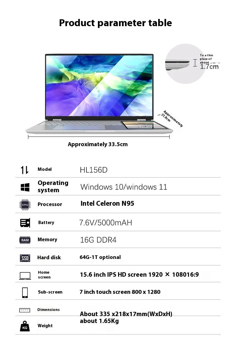 2025 NEW Wholesale Portable Business Laptop 15.6+7 Inch Dual Screen 32G+2TB Intel Processor Win11 with Camera English Keyboard