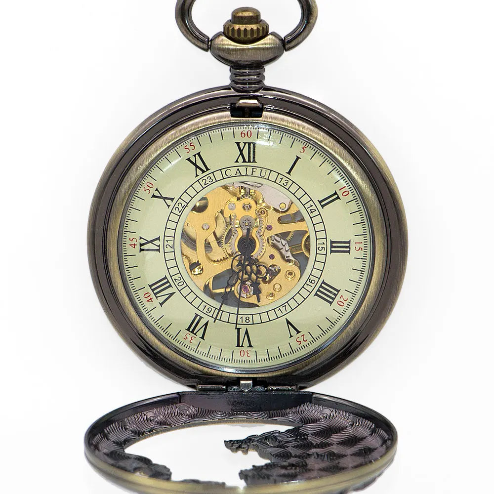 20pcs/lot Hollowed Mechanical Pocket Watch with Chain  Chinese Flying Dragon Pocket Watches Men Steampunk Gift Watches