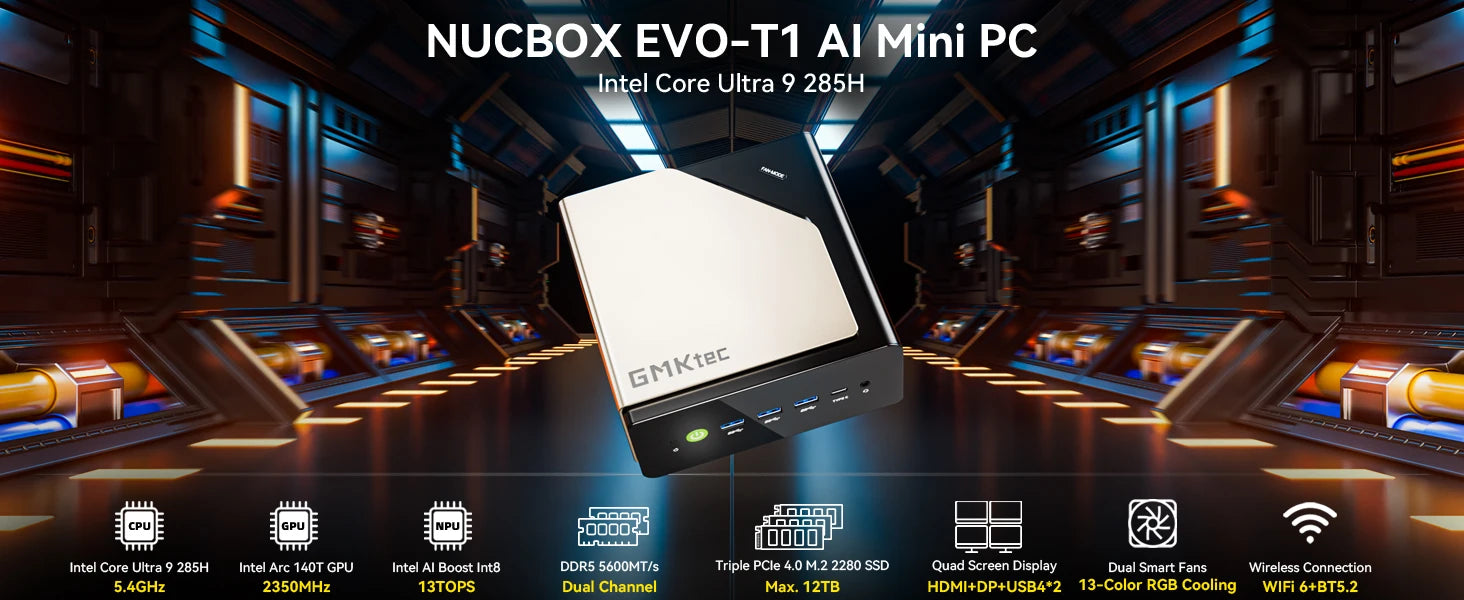 EVO-T1 Intel Core Ultra 9 285H Mini PC 16-core 16-thread 64GB DDR5 1TB SSD Gaming Computer PC with Intel AI Boost Mini PC