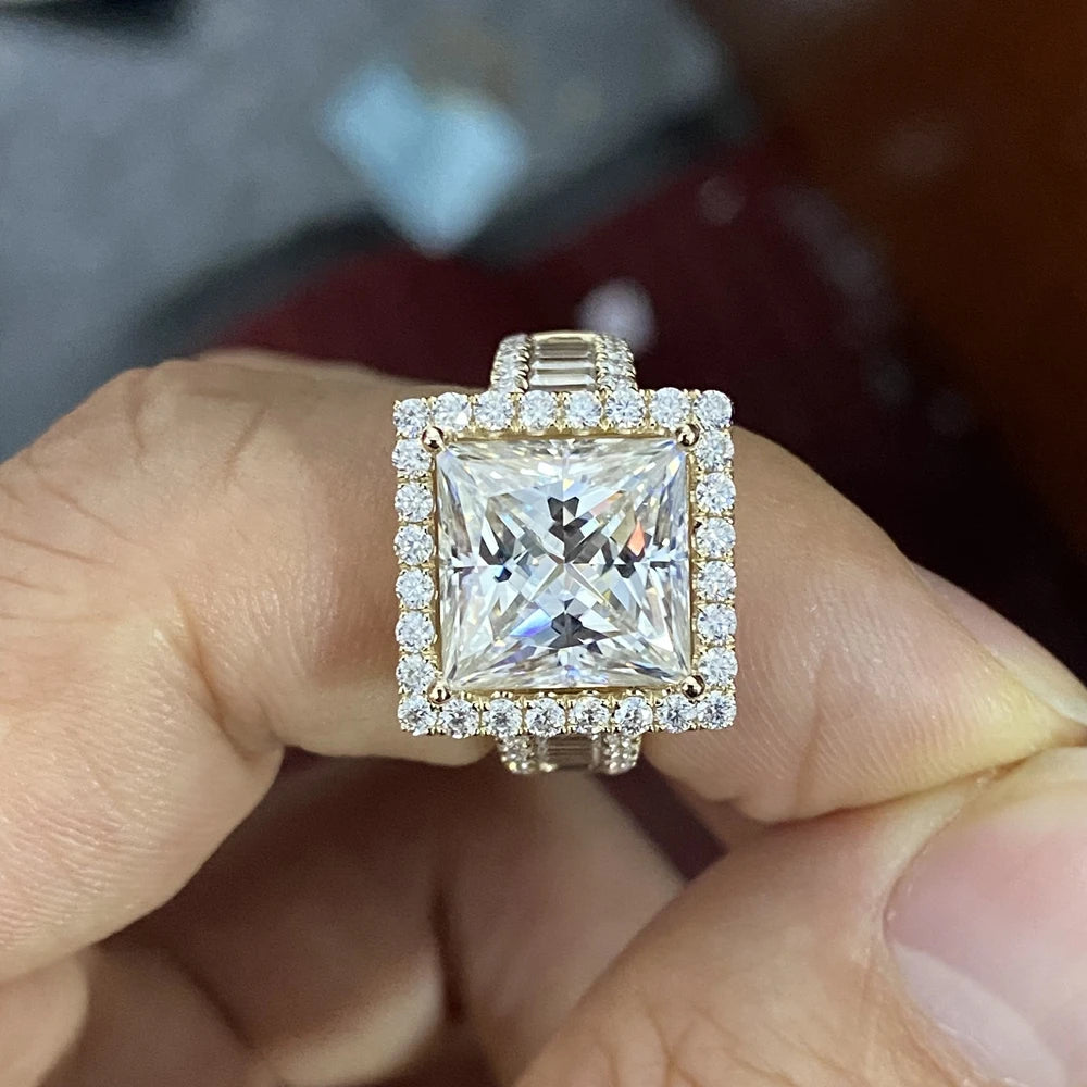 Man Ring Soild 14K Yellow Gold 10x10mm 6 Carats Princess Cut VVS1 D Moissanite Diamond Wedding Ring