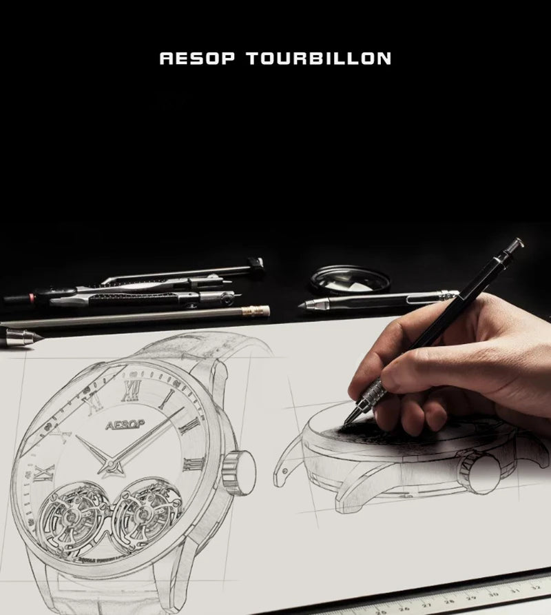 Aesop Men's Double Tourbillon Watch Hand Winding Movement Sapphire Business Fashion Male Mechanical Wristwatches Waterproof 2025