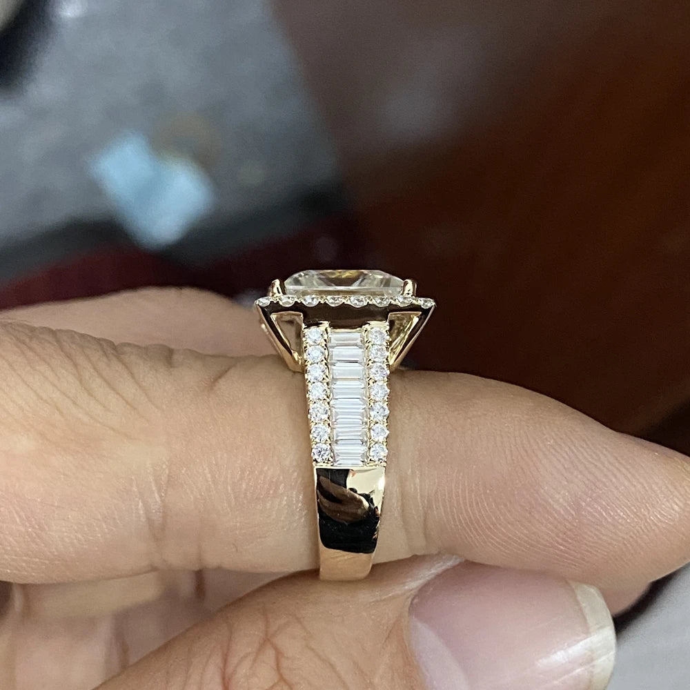 Man Ring Soild 14K Yellow Gold 10x10mm 6 Carats Princess Cut VVS1 D Moissanite Diamond Wedding Ring