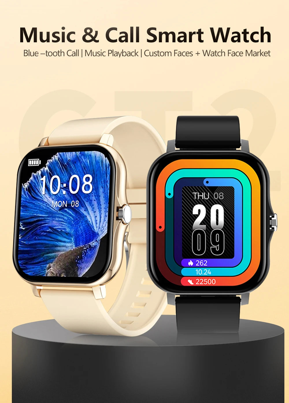 Smart watch with full touch screen, call, message reminder, music control and other functions, compatible with iPhone/android mo