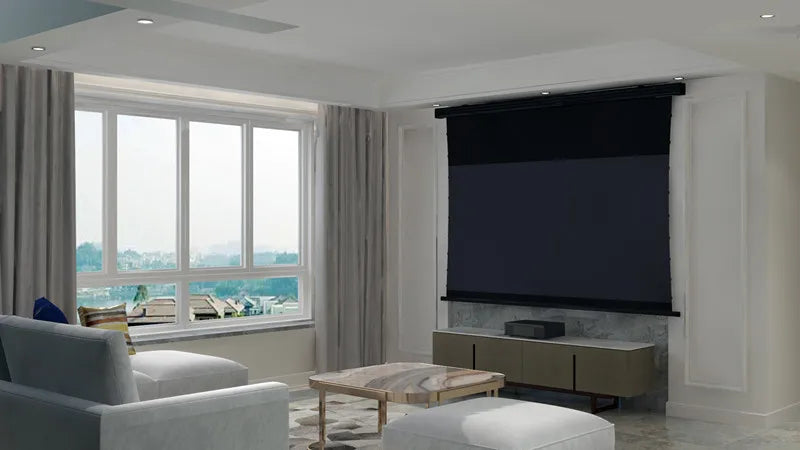 New Generation Laser TV Self-Rising Screen ALR Electric Motorised Tab Tensioned Projection Screen for UST Laser Projector 4k HD