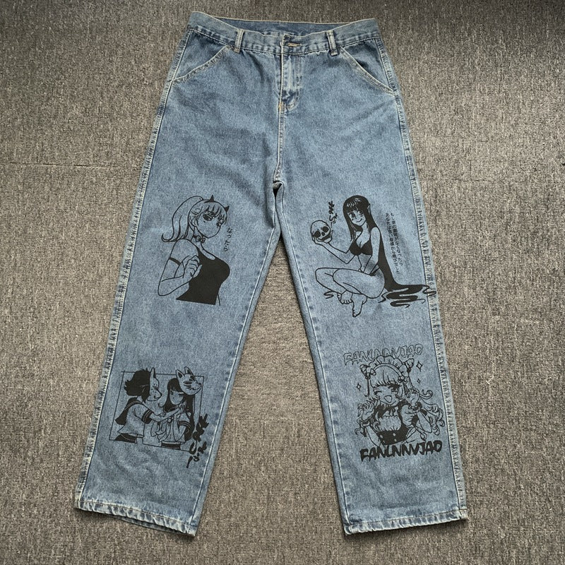 Washed Jeans Retro Harajuku Anime Cartoon Print Men Baggy Jeans Streetwear Hip Hop Tide Denim Pants Fashion Loose Wide Leg Pants