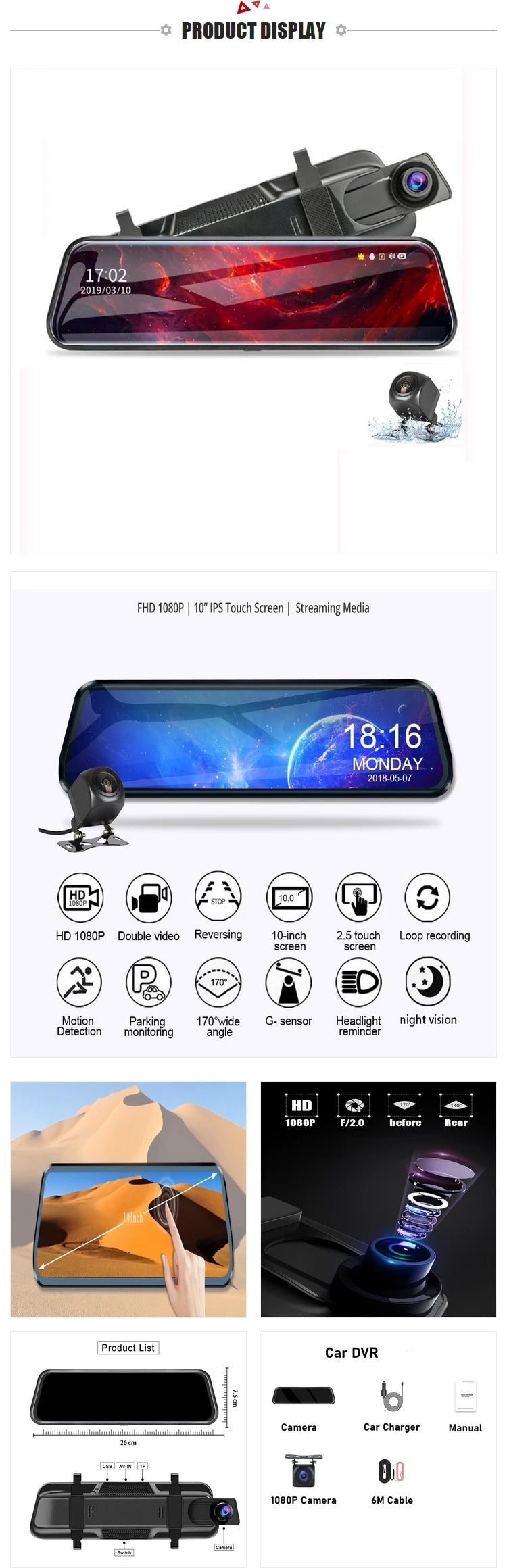 10 Inch Touch Screen Stream Media Car DVR Dash Cam Dual Lens Rear View Mirror Auto Dashcam Video Recorder Car HD Dash Camera