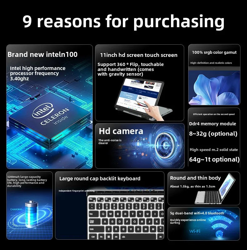 Factory Price 2025 New 11 Inch Touch Screen Laptop 110YP Intel N100 Quad Core DDR4 16B Memory Backlit Keyboard IPS Front Camera