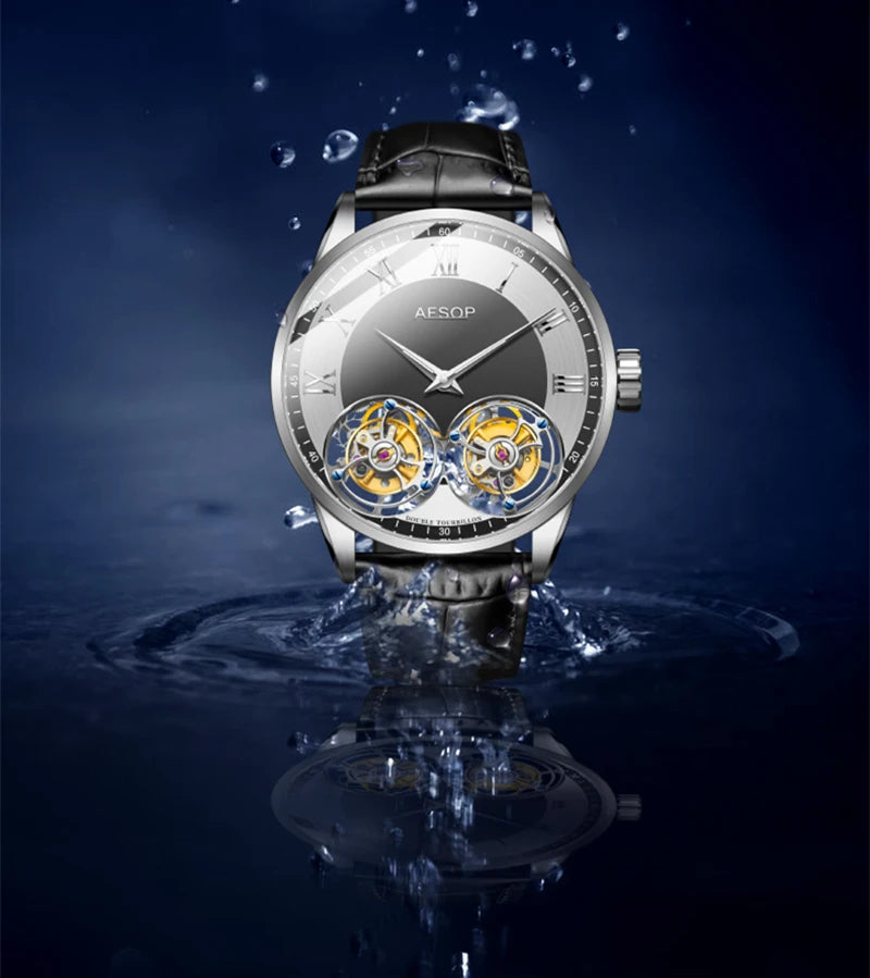 Aesop Men's Double Tourbillon Watch Hand Winding Movement Sapphire Business Fashion Male Mechanical Wristwatches Waterproof 2025