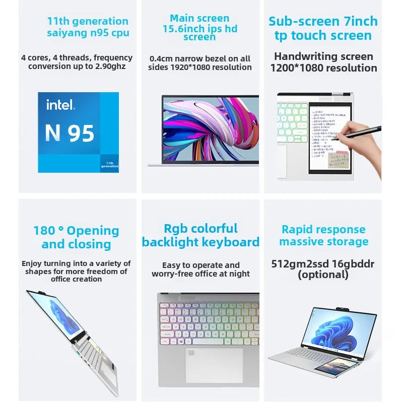 2025 NEW Wholesale Portable Business Laptop 15.6+7 Inch Dual Screen 32G+2TB Intel Processor Win11 with Camera English Keyboard
