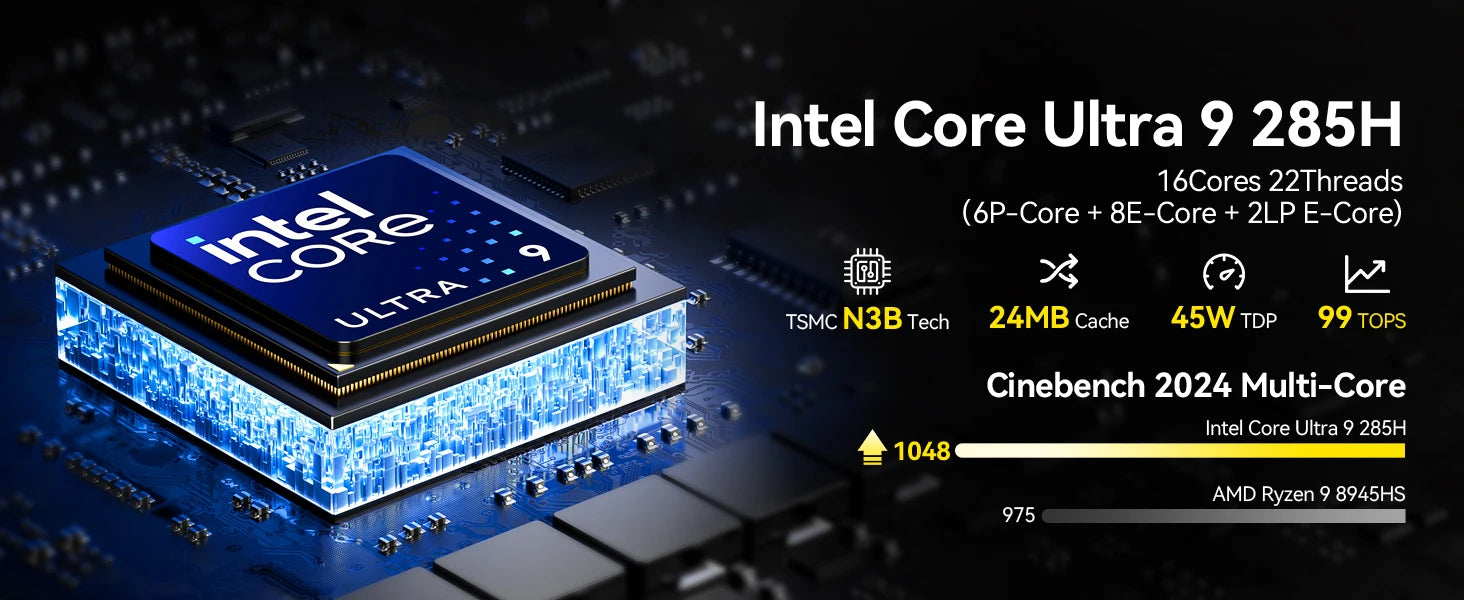 EVO-T1 Intel Core Ultra 9 285H Mini PC 16-core 16-thread 64GB DDR5 1TB SSD Gaming Computer PC with Intel AI Boost Mini PC
