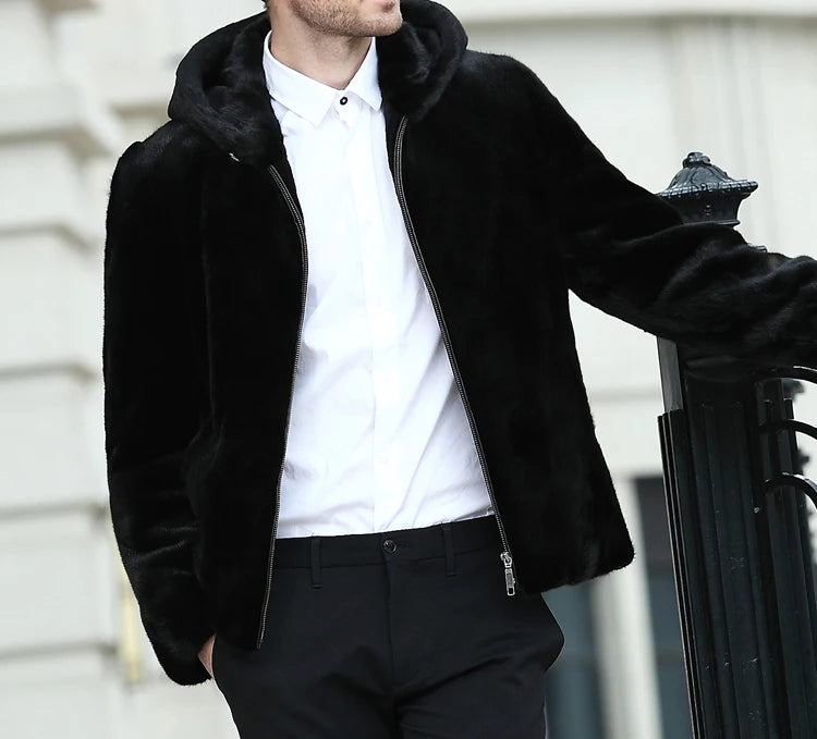 Real Men Mink Fur Coat With Hood Winter Warm Full Pelt Fur Classic Black Color Luxurious Thick Mens Coats 2023 Outwear Jacket