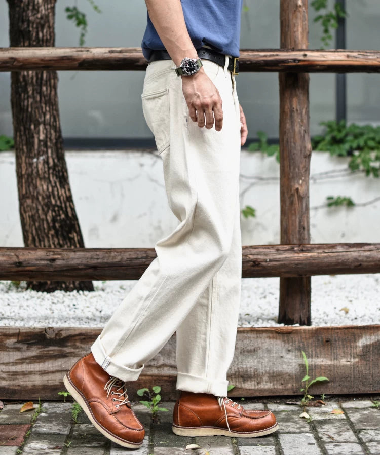 Sauce Zhan Mens Jeans Selvedge Denim White Jeans Regular Fit hight rise  14 Oz One Wash