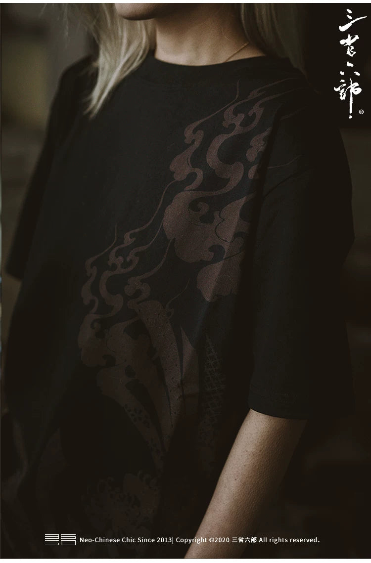 Black White Yokosuka Phoenix Suzaku Embroidered T Shirt Tops High Street Hip Hop Vintage Casual Men Boys Cotton Sweatshirt