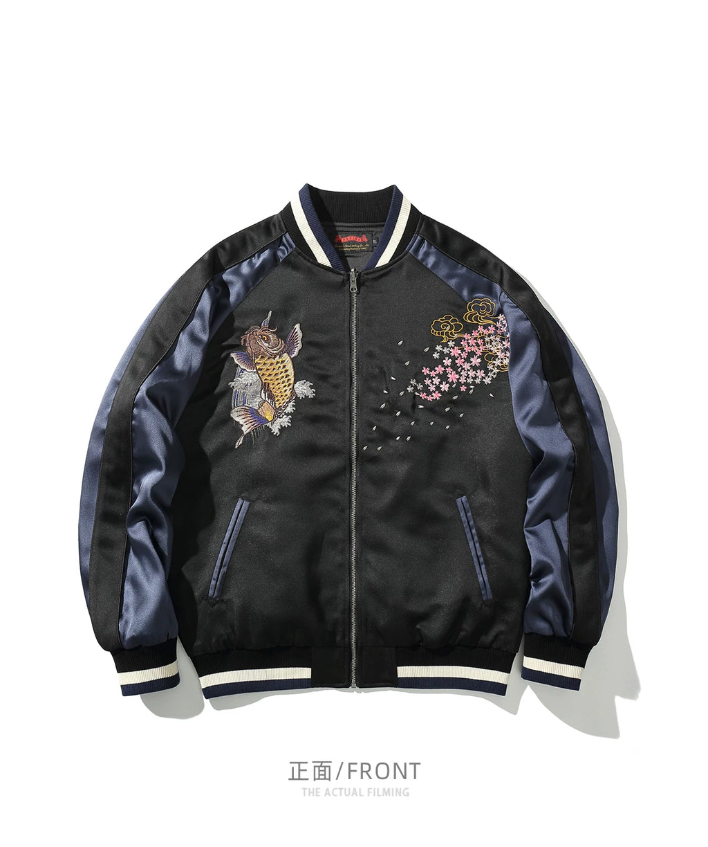 Red Black Cherry Blossoms Sakura Carp Embroidered Original Yokosuka Sukajan Souvenir Jackets