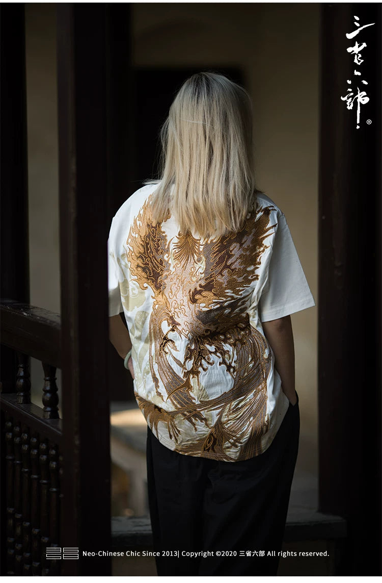 Black White Yokosuka Phoenix Suzaku Embroidered T Shirt Tops High Street Hip Hop Vintage Casual Men Boys Cotton Sweatshirt