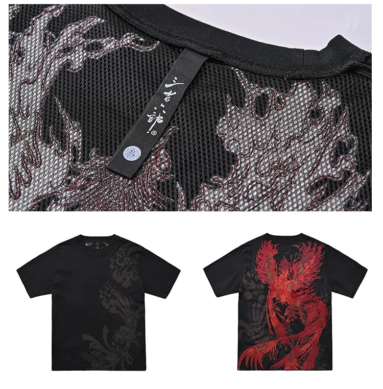 Black White Yokosuka Phoenix Suzaku Embroidered T Shirt Tops High Street Hip Hop Vintage Casual Men Boys Cotton Sweatshirt