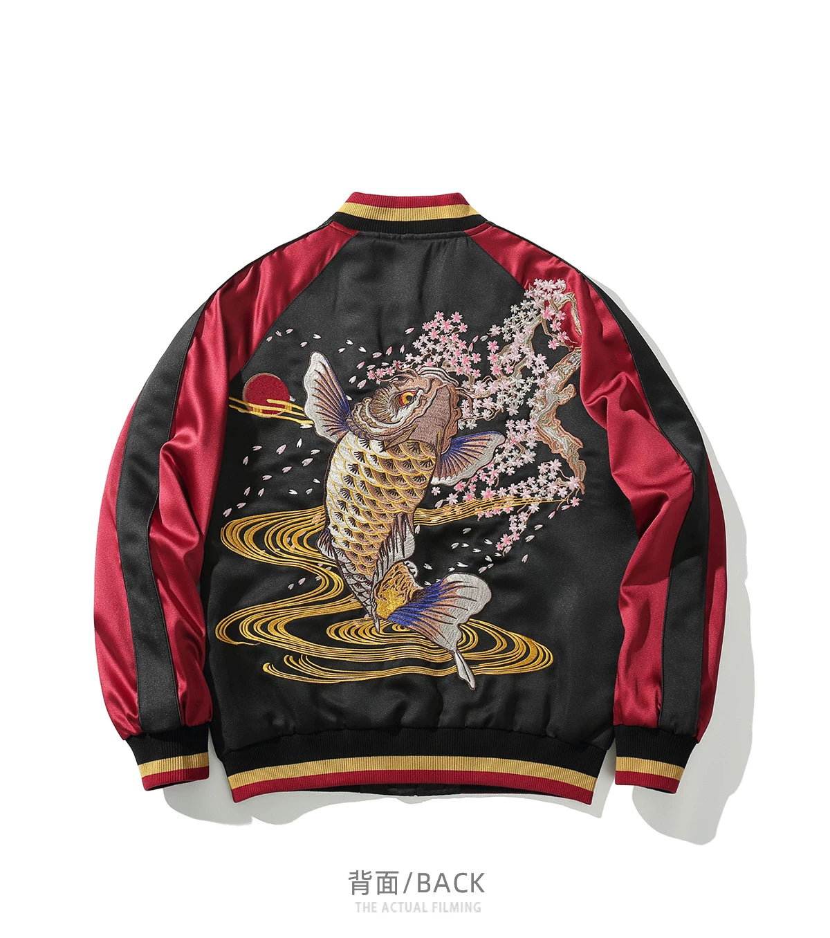 Red Black Cherry Blossoms Sakura Carp Embroidered Original Yokosuka Sukajan Souvenir Jackets