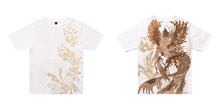 Black White Yokosuka Phoenix Suzaku Embroidered T Shirt Tops High Street Hip Hop Vintage Casual Men Boys Cotton Sweatshirt