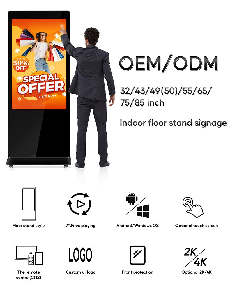 55" Inch Digital Signage and Displays Kiosk Totem LCD Touch Screen Indoor Smart WIFI Floor Stand Advertising Player