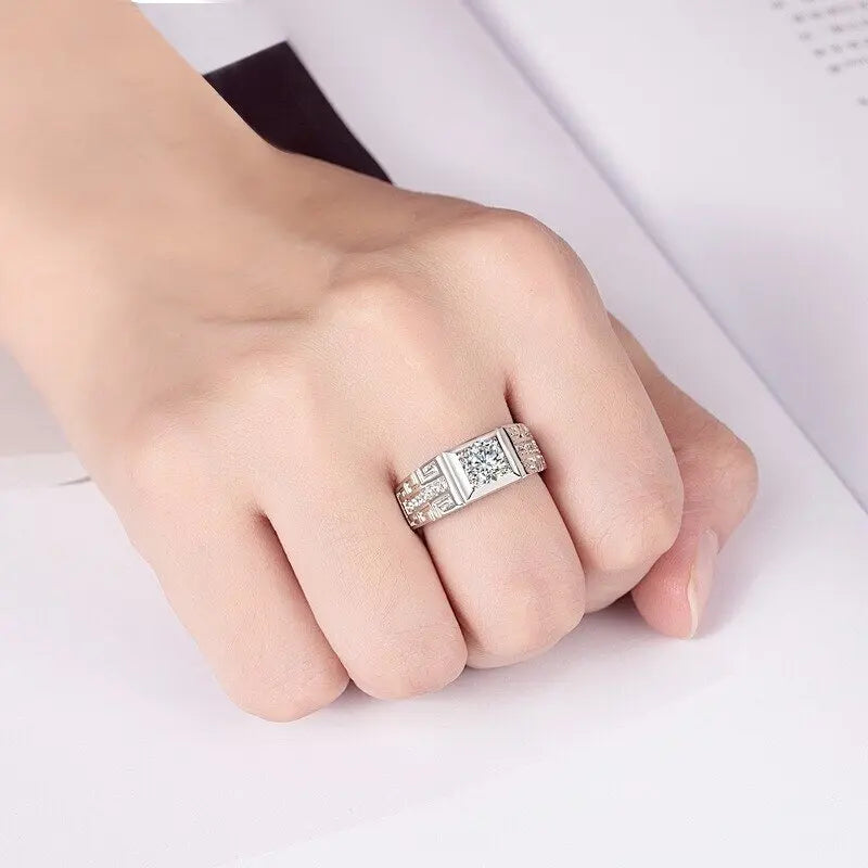 Luxury PT950 Platinum Men's Greek Key Square Moissanite Pave Engagement Wedding Ring Adjustable Band Anniversary Gift Jewelry Sp