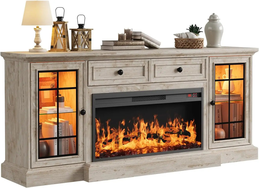 Modern Farmhouse Entertainment Center with Electric Fireplace LED Lights - TV Stand for up to 80'' TVs 70'' Media ，Customized