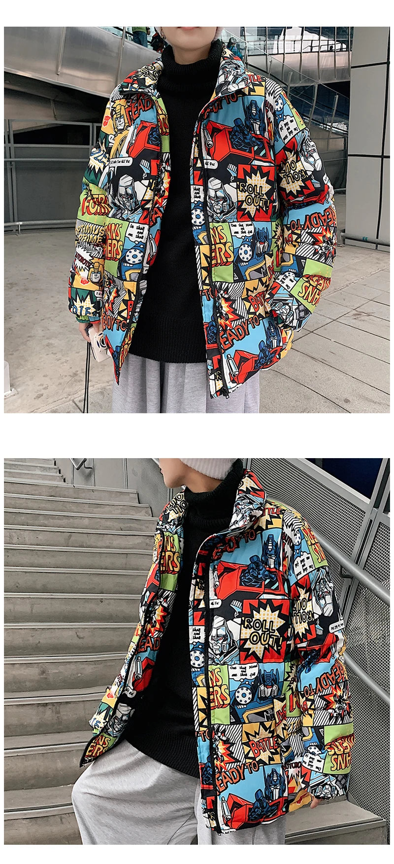 Hip Hop Graffiti Cartoon Print  Parkas Coats Men Streetwear Harajuku Mens Winter Thickend Warm Zipper Cotton Padded Jacket Women