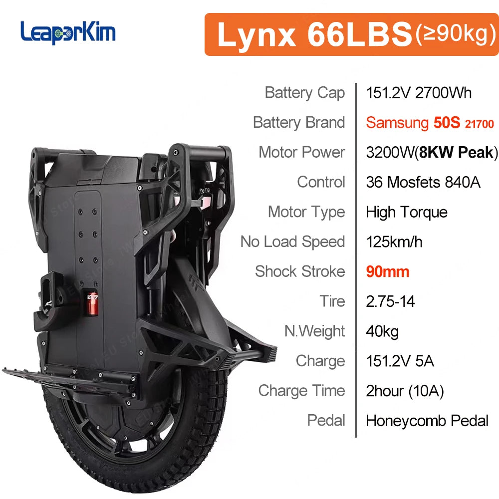 Newest LeaperKim Veteran Lynx 50S 151.2V 2700Wh 50S Battery 3200W Motor 2.75-14 Tire High Torque Lynx Electric Unicycle