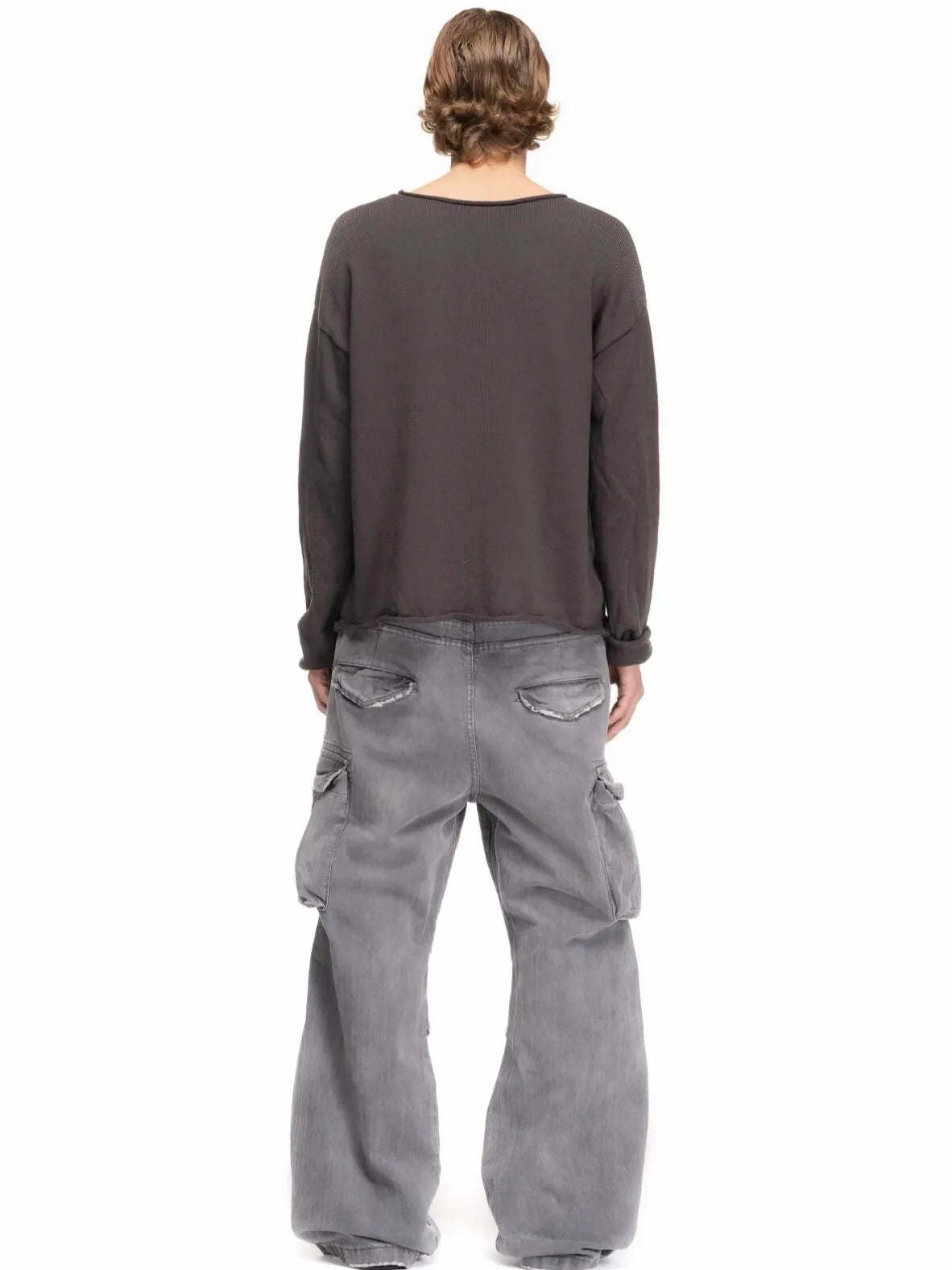 No faith studios herringbone twill grey ripped patch paint multi-pocket overalls
