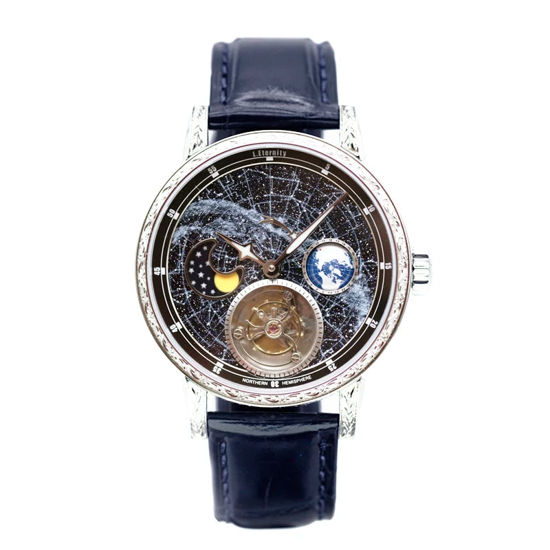 Super Mens Automatic Tourbillon Mechanical Watch Milky Way 3D Rotate Earth Moonphase Business Male Wrist Watches Luminous Dial