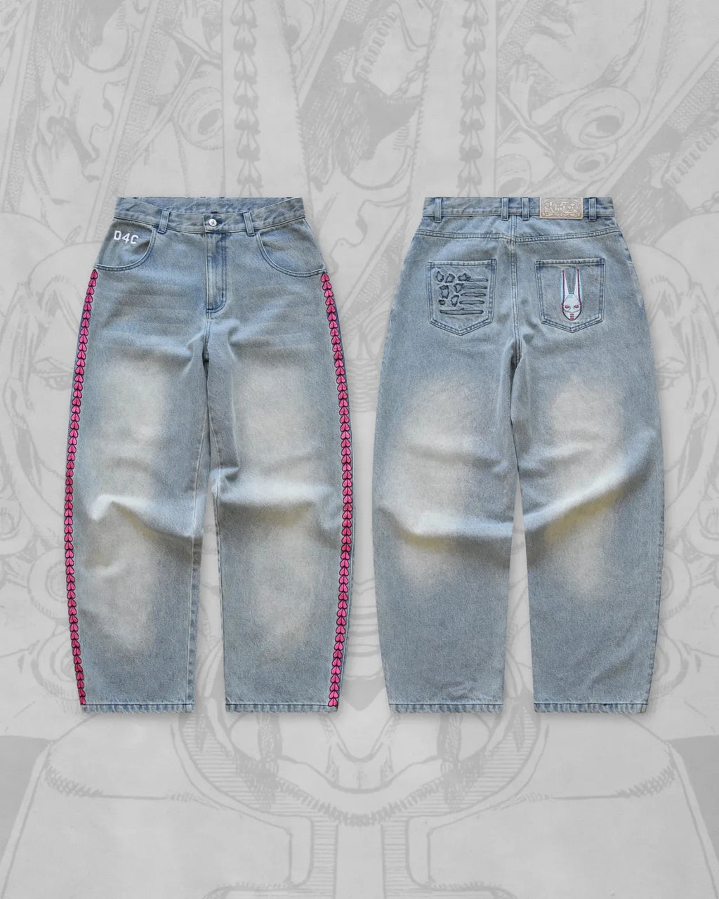Y2K Men D4C JoJo High Waist Baggy Jeans Women Pink Heart Side Embroidery Loose Fit Washed Denim Pants Streetwear Wide Leg Pants