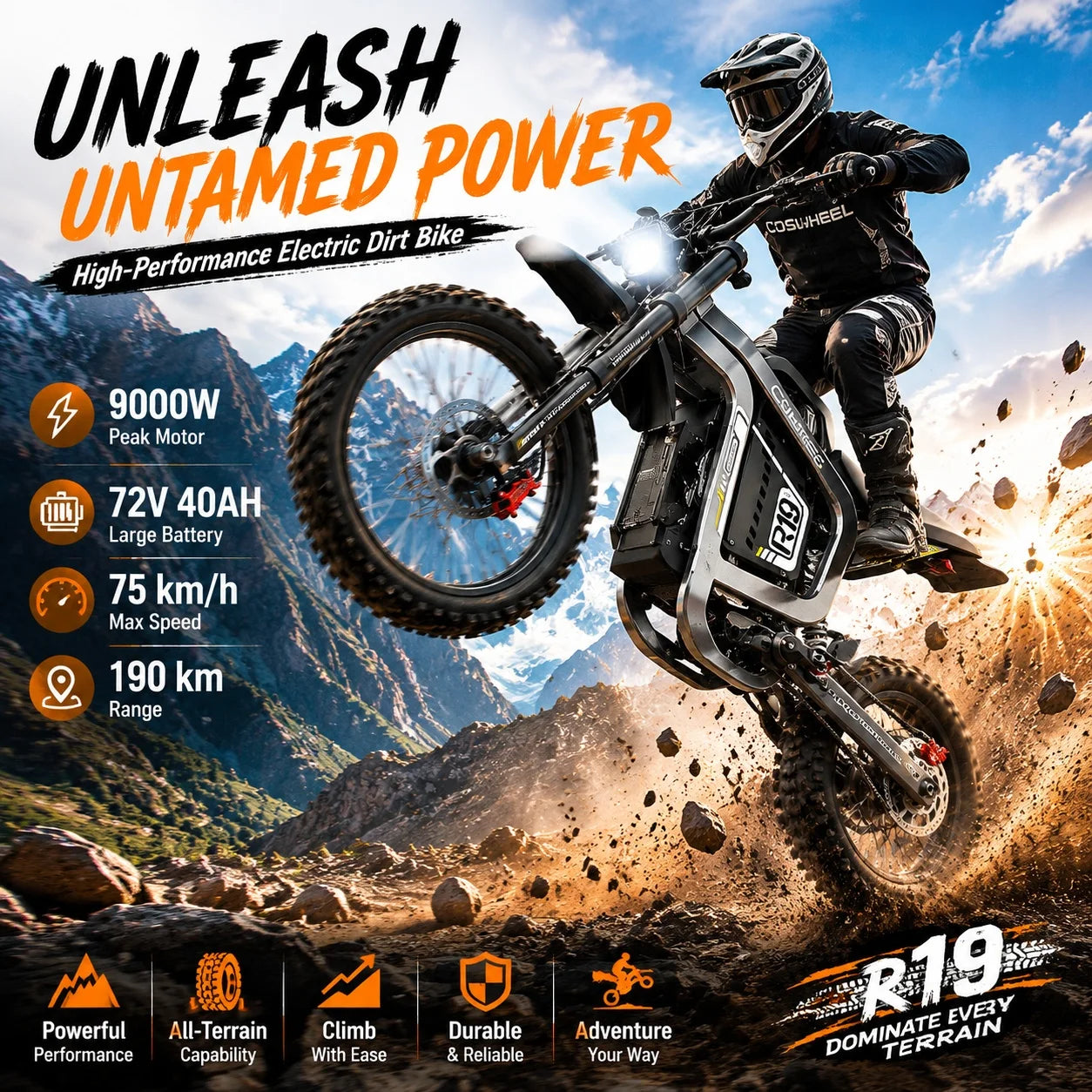 Electric Dirt Bike for Adults 9000W Motor Electric Motorcycle New In 50 MPH High-Speed E-bike Battery 72V 40AH Off-Road E Bike