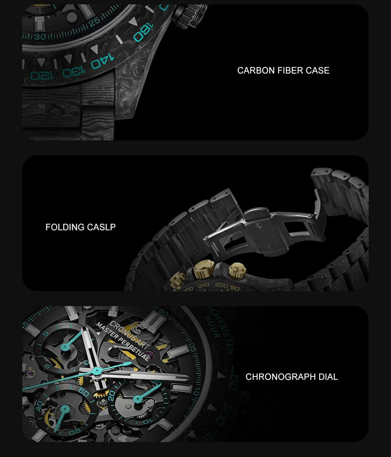 CRONUSART Men Chronograph Watch 42mm Automatic Mechanical Wristwatch Carbonfiber Case & Bracelet Luminous Sapphire Skeleton Dial