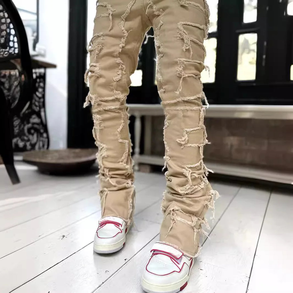 2026 New Men's Straight-Leg Jeans, Street Fashion Stretch Casual Jacquard Denim, Hip-Hop Street Style Jeans