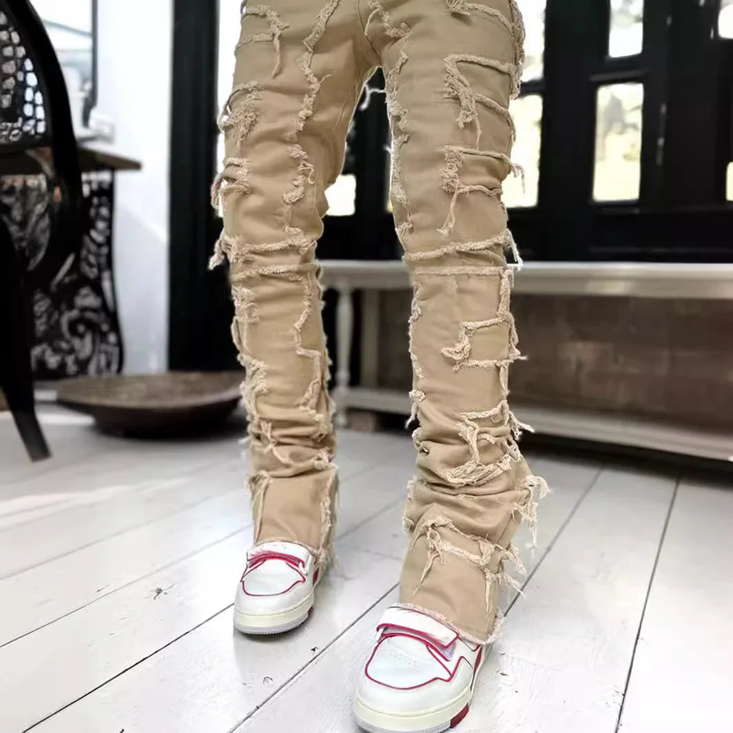 2026 New Men's Straight-Leg Jeans, Street Fashion Stretch Casual Jacquard Denim, Hip-Hop Street Style Jeans