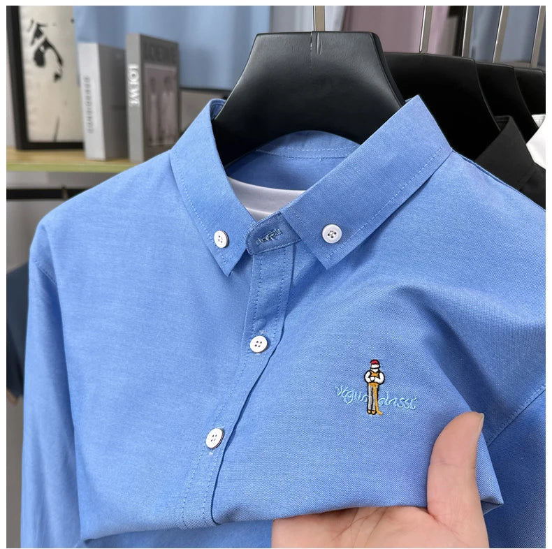 High end brand men's long sleeve shirt fashion cartoon embroidery comfort silk cotton solid color luxury golf casual lapel top