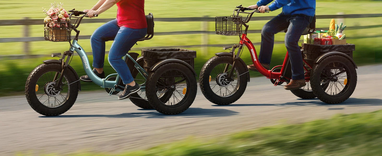 QRONGE Lava Electric Tricycle For Adults 960W Peak 36V 15AH Battery E-bike 50 Miles Range With Large Rear Basket Electric Trike