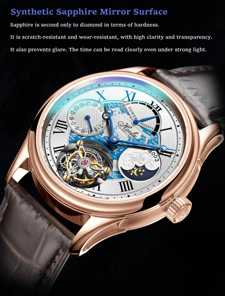Haofa Automatic Flying Tourbillon Movement Watch Man Luxury Sapphire Skeleton Moon Phase Complete Calendar Watches For Men 8003