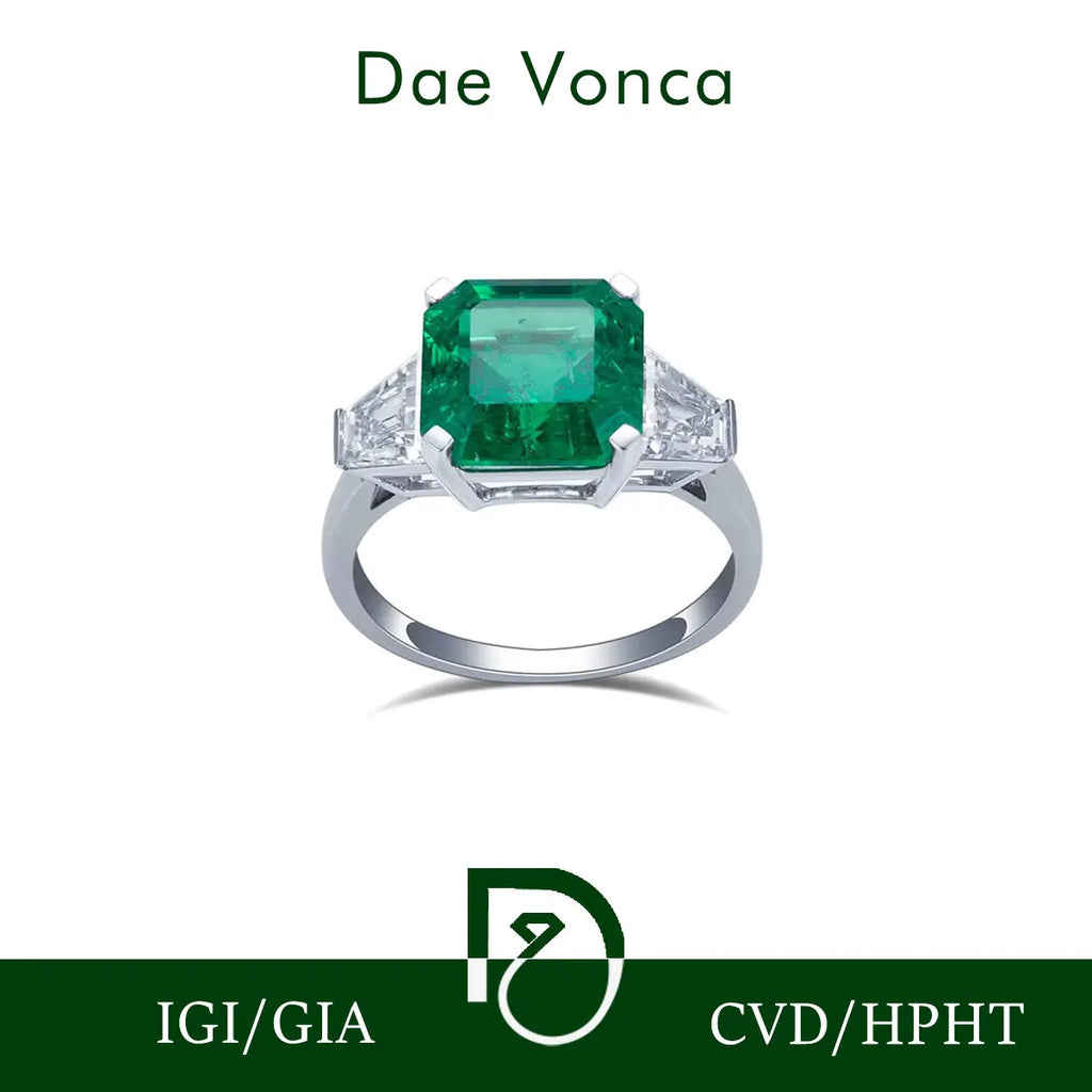 Square Emerald Cut Lab Grown Emerald Ring Three-stones 18K White Gold Lab Grown Emerald Ring Men Jewelry Gift