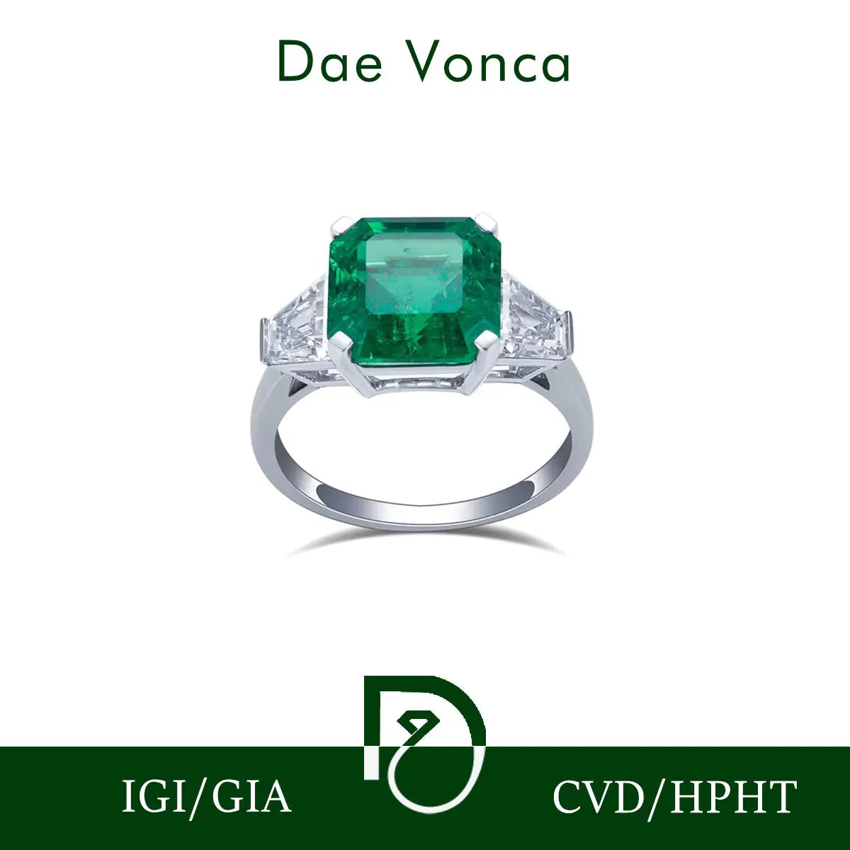 Square Emerald Cut Lab Grown Emerald Ring Three-stones 18K White Gold Lab Grown Emerald Ring Men Jewelry Gift