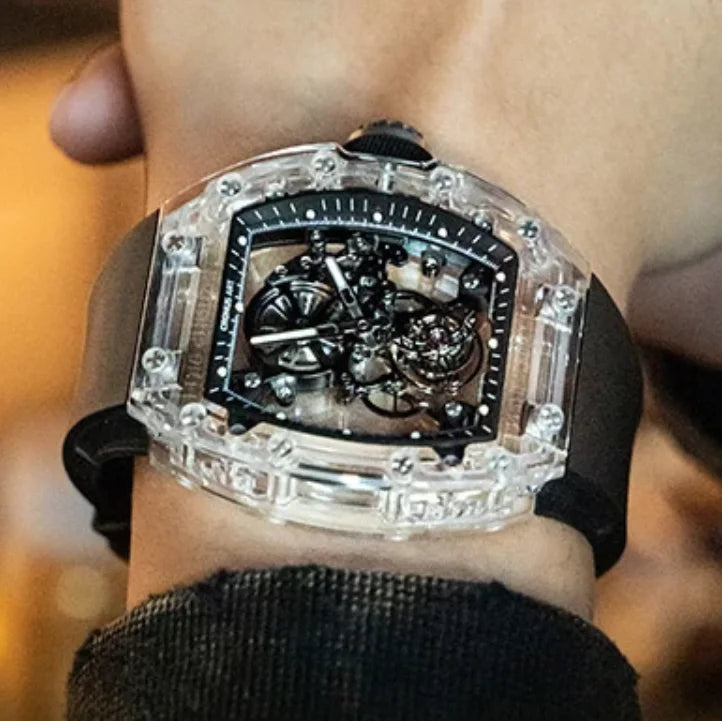 CRONUSART Men Tourbillon Watch 50mm Tonneau Mechanical Wristwatch Sapphire Case Mirror Luminous Fluororubber Strap Skeleton Dial