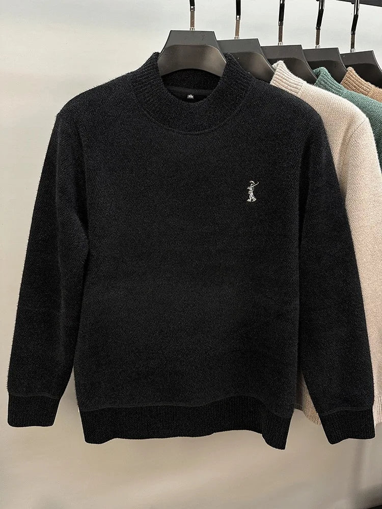 Luxury brand men's round neck knitted sweater fashion cartoon embroidery comfort warm plush autumn winter casual golf pullover
