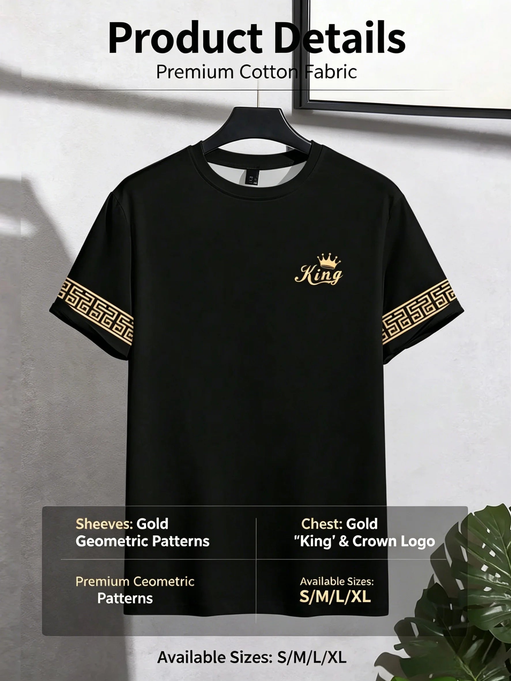 T Shirt for Man Men's Black and Golden Casual T-shirt Printed with "King" Crown + Arm Pattern Clothing Light Luxury Personality