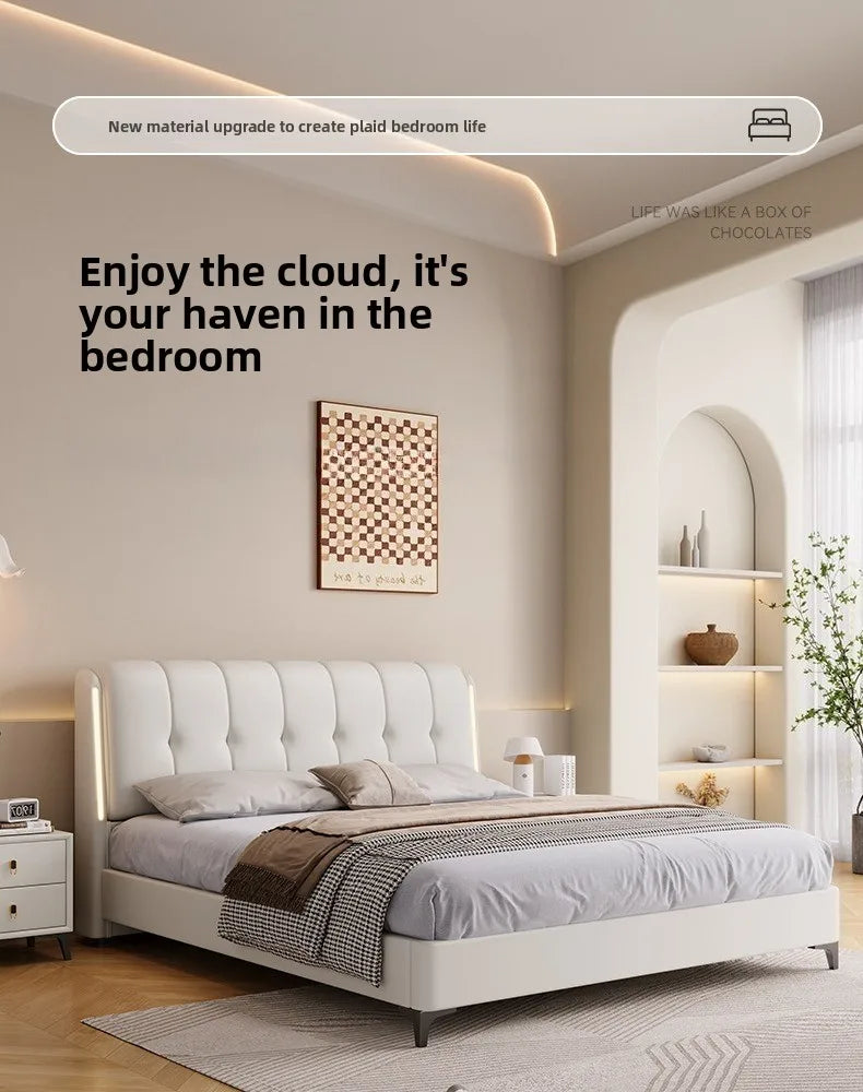 Cream white bed modern minimalist master bedroom bed frame light luxury comfortable bases e armações de cama interior furniture