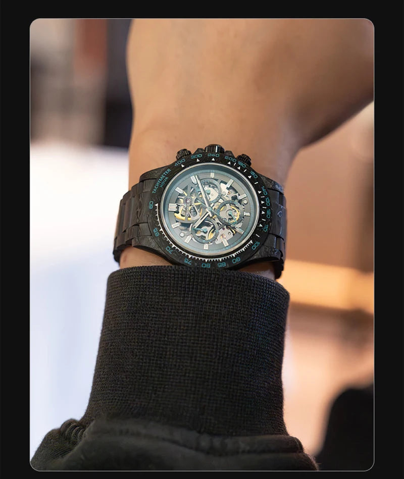 CRONUSART Men Chronograph Watch 42mm Automatic Mechanical Wristwatch Carbonfiber Case & Bracelet Luminous Sapphire Skeleton Dial