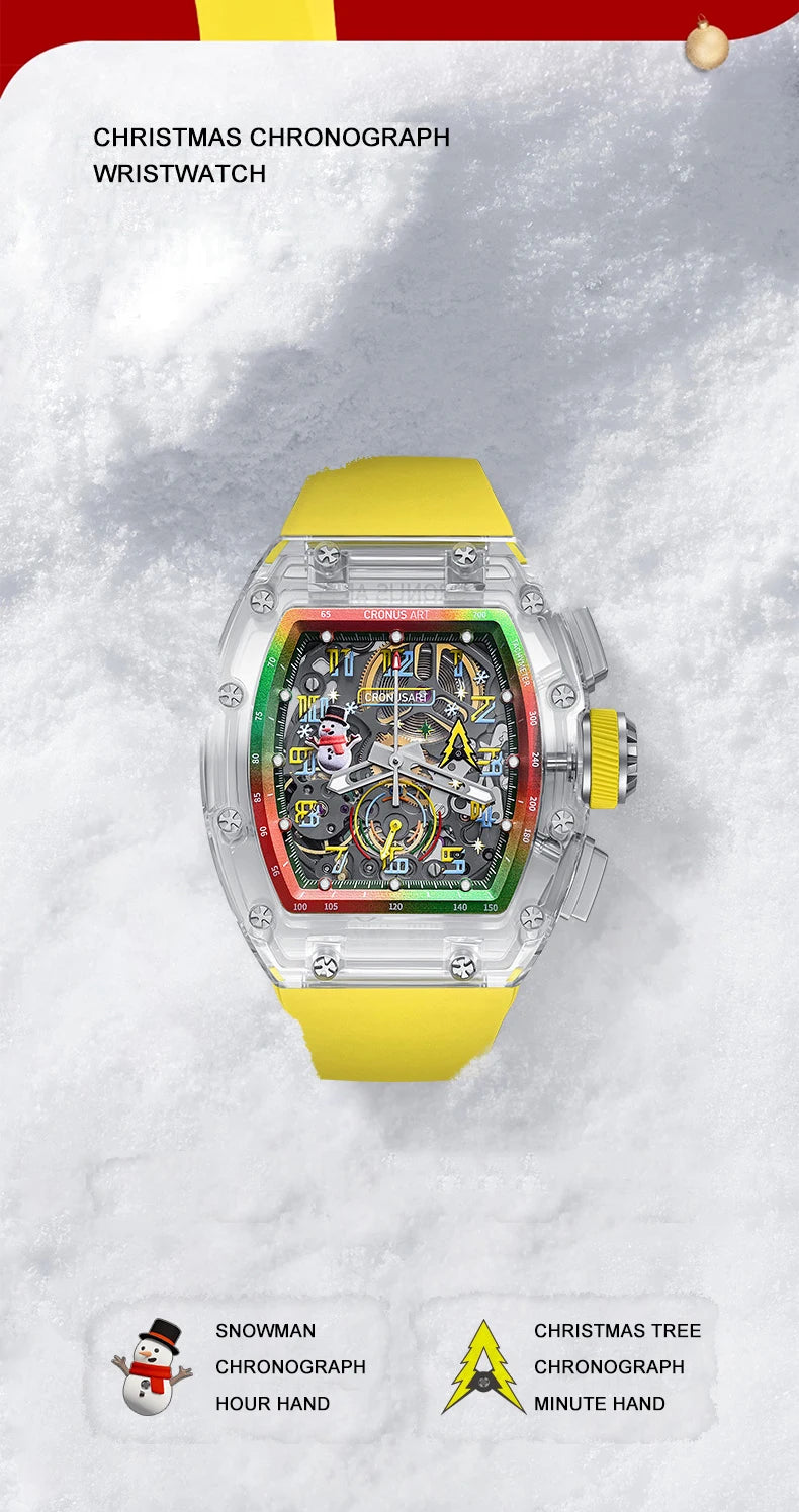 CRONUSART Men Chronograph Watch Tonneau Mechanical Wristwatch Sapphire Case Luminous Fluororubber Strap Christmas Limied Edition