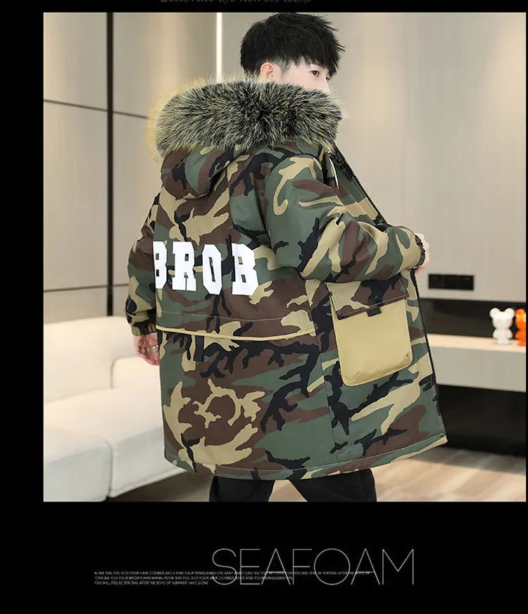 Fashion Mid-Length Camouflage Warm Parkas Winter Men's High Street Wear Windproof Hooded Plush Jackets Outdoor Thick Fleece Coat
