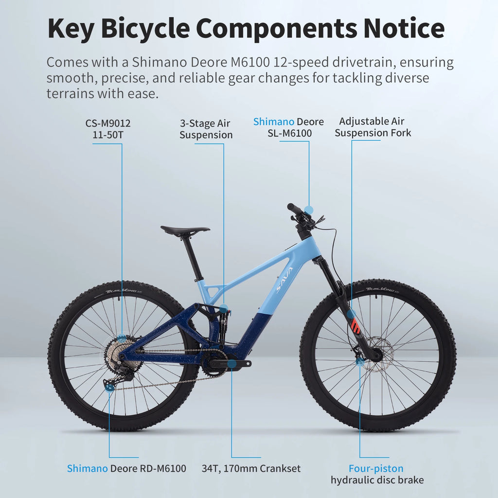SAVA E-BIKE Full Carbon Fiber Mountain Bike Adjustable Air Suspension Fork 12-Speed Off-Road Electric Assist Mountain Bike