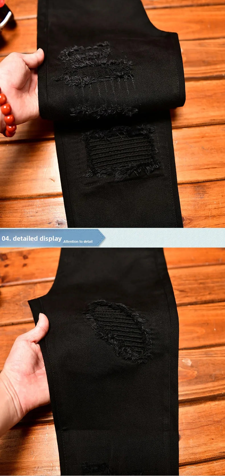 High end high street ripped patch design black jeans for men in autumn, slim fit American style trendy pants with small feet